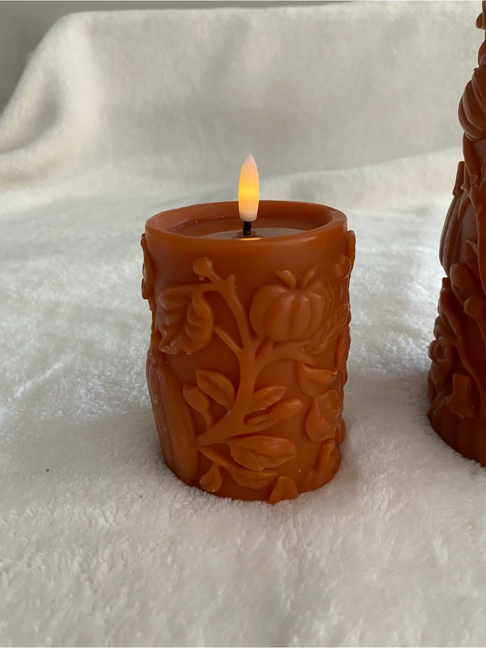Decorative Fall Terracotta Orange Carved Pillar Candles - Set of 3